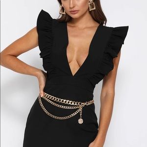 Frill plunge midi dress black